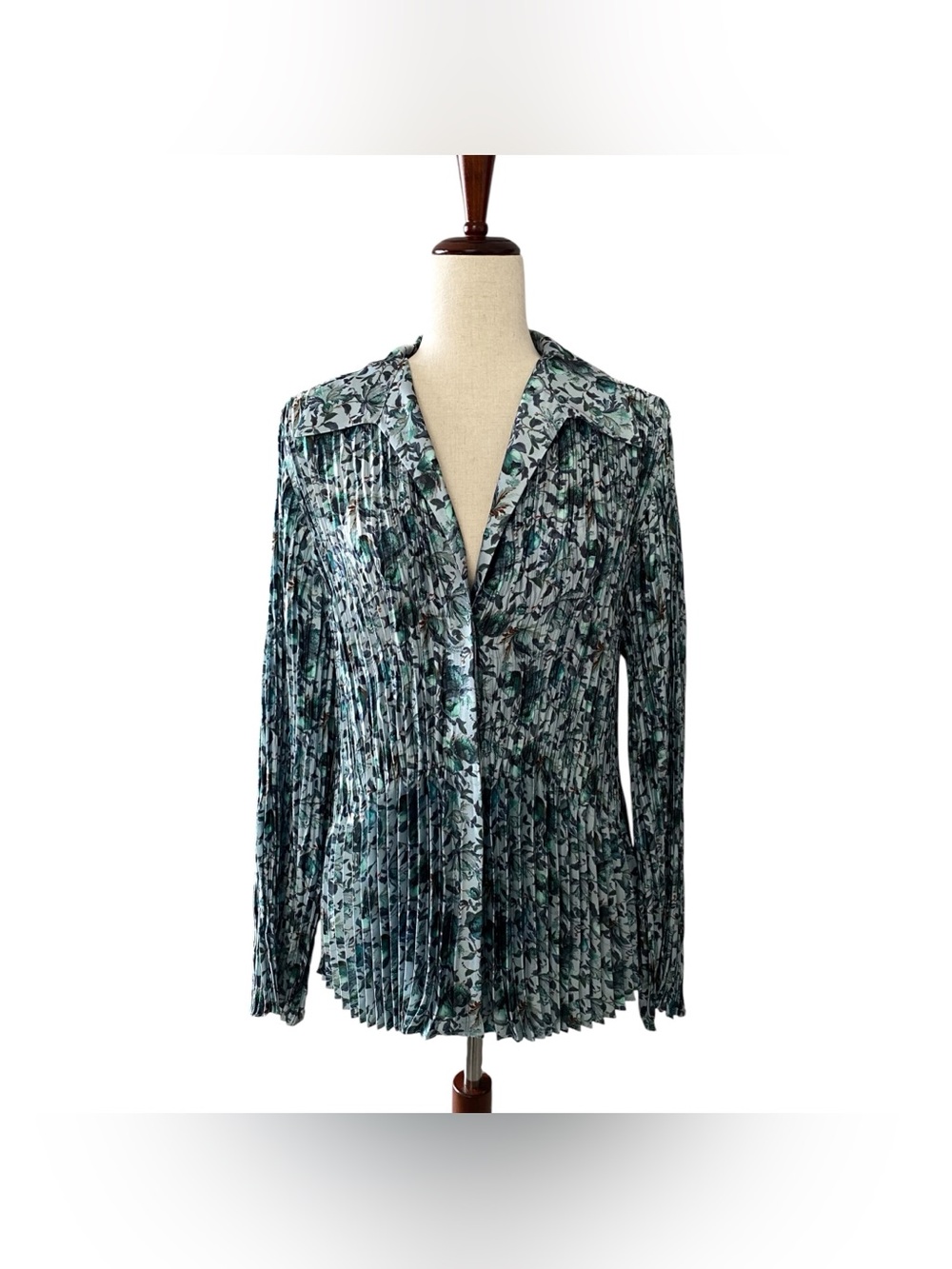 VINCE Berry Blooms Green Floral Plisse Pleated Blouse XL Elegant Draped Shirt
